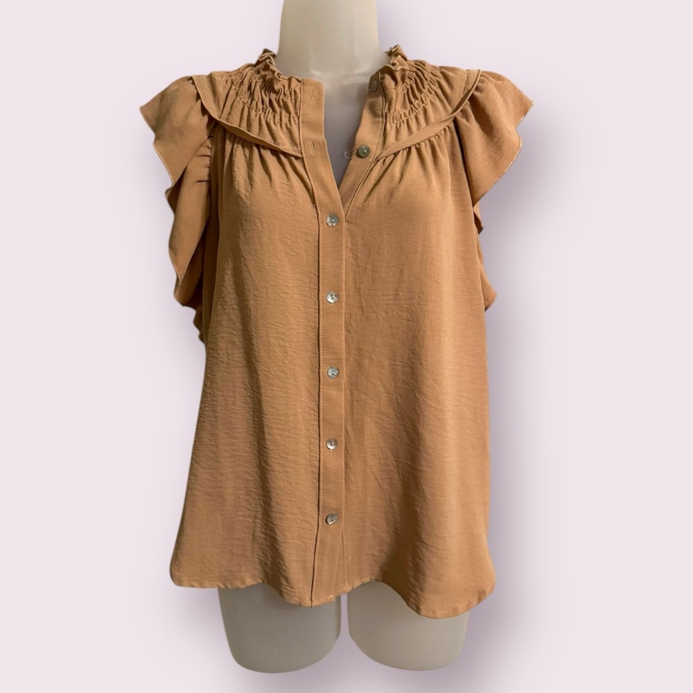 Blue Sol Tan Ruffle Sleeve Button Front Blouse Size S